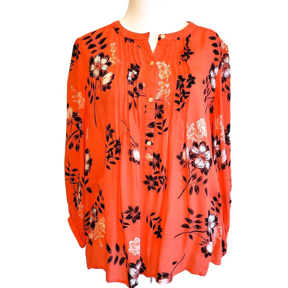 Gap Orange Floral Half Button Top 3/4 Sleeve Pin Tuck Women’s Sz L Boho Peasant